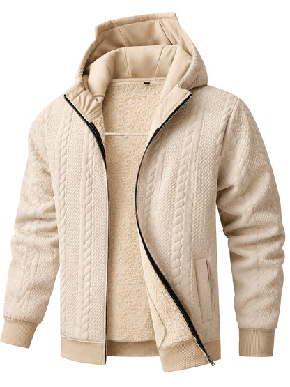 Men's Thickened Hooded Jacket with Cable Knit Embossing