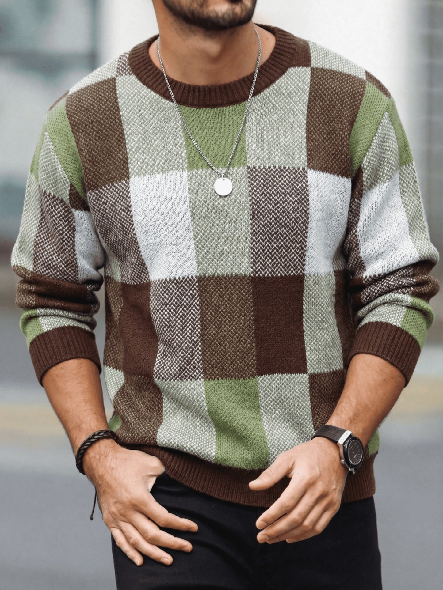 Men'S Casual Plaid Crew Neck Knit Sweater | Loose Fit, Long Sleeve, Fashionable Color Block Design, Suitable for Fall/Winter