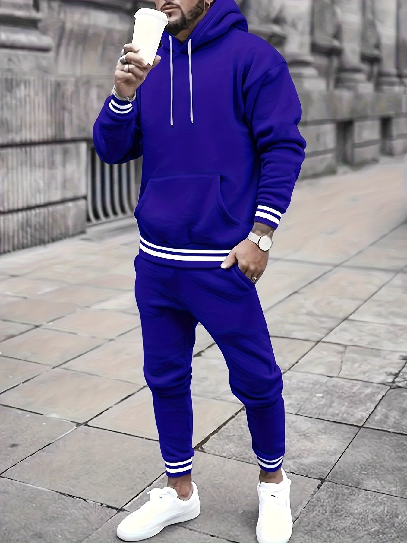 Men's Solid Color Hooded Casual Sportswear Set - ayq