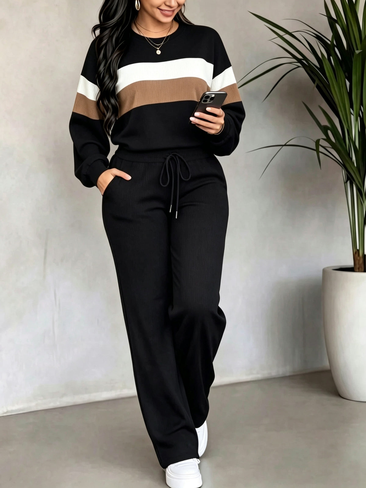 Women's Elegant Casual Polyester Patchwork Sweatpants Set - ayq