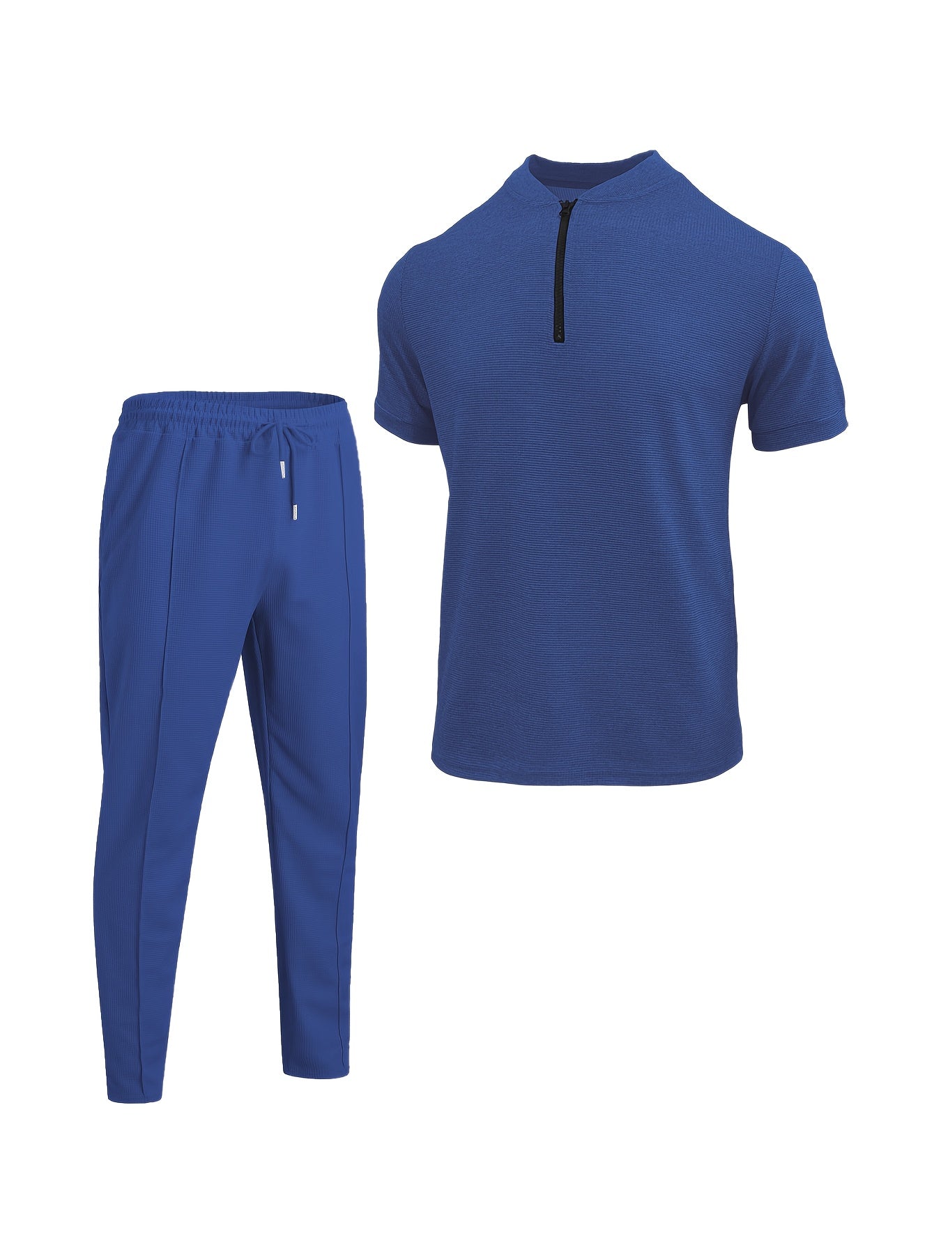 Men's Waffle Knit Zipper Shirt, Rib Collar Short Sleeve T-Shirt, Casual Breathable Summer Top - ayq