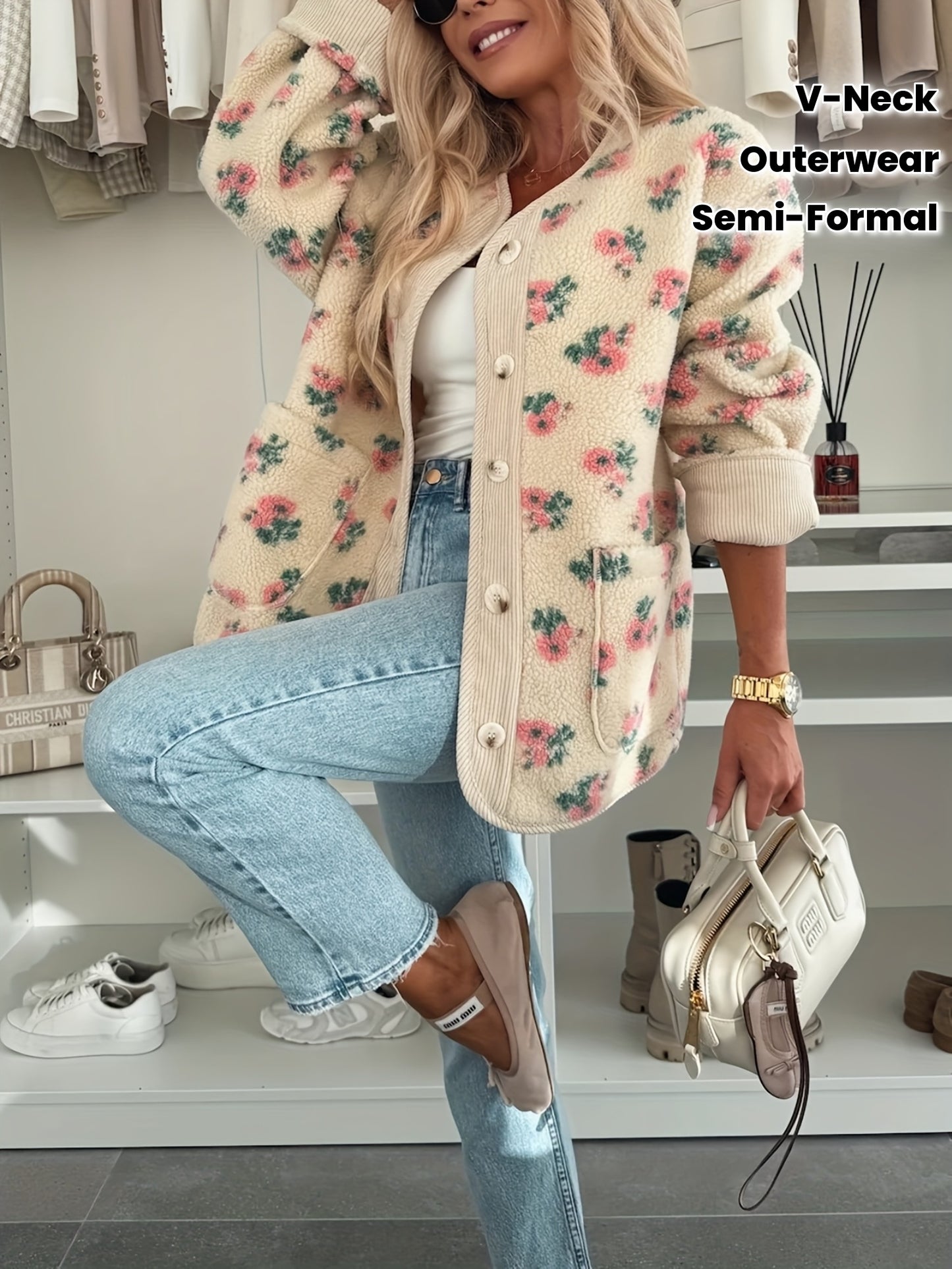 Կանացի ծաղկային նախշերով V-ձև օձիքով, կոճակներով առջևի վերարկու՝ գրպաններով - մեծ չափի H-գծի ուրվագիծ, լվացքի մեքենայով լվացվող ձմեռային բաճկոն՝ վարդագույն և կանաչ գույներով, աշուն/ձմեռ սեզոնի համար նախատեսված առօրյաից մինչև կիսաֆորմալ վերնազգեստ