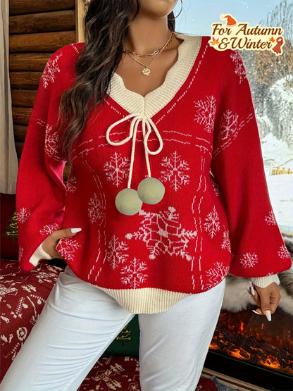 QD0915240 Women's Christmas Snowflake Lazy Loose Top, Casual Elegant Vacation Style, Autumn and Winter