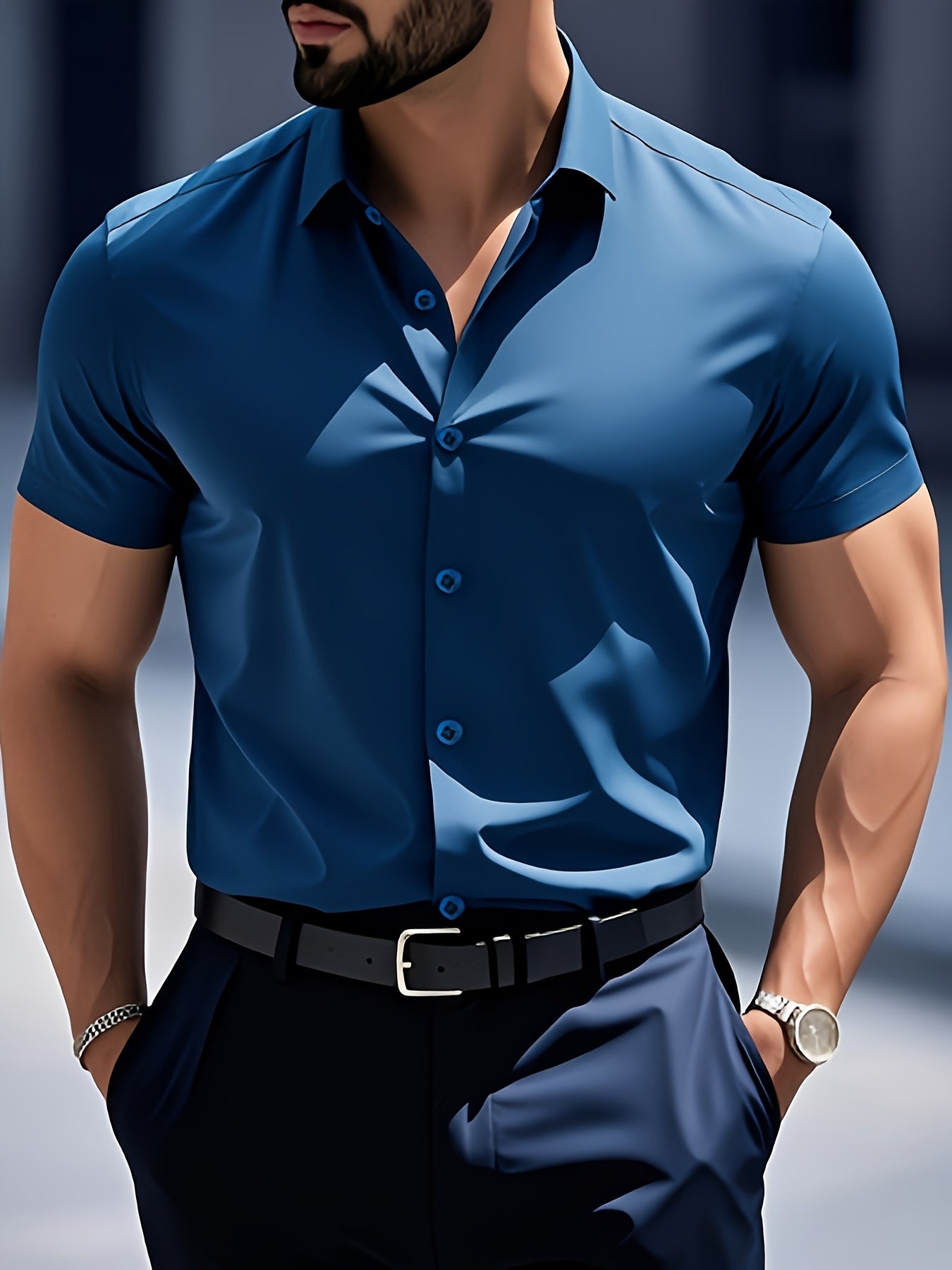 Men's Casual Navy Blue Short-Sleeve Polyester Shirt