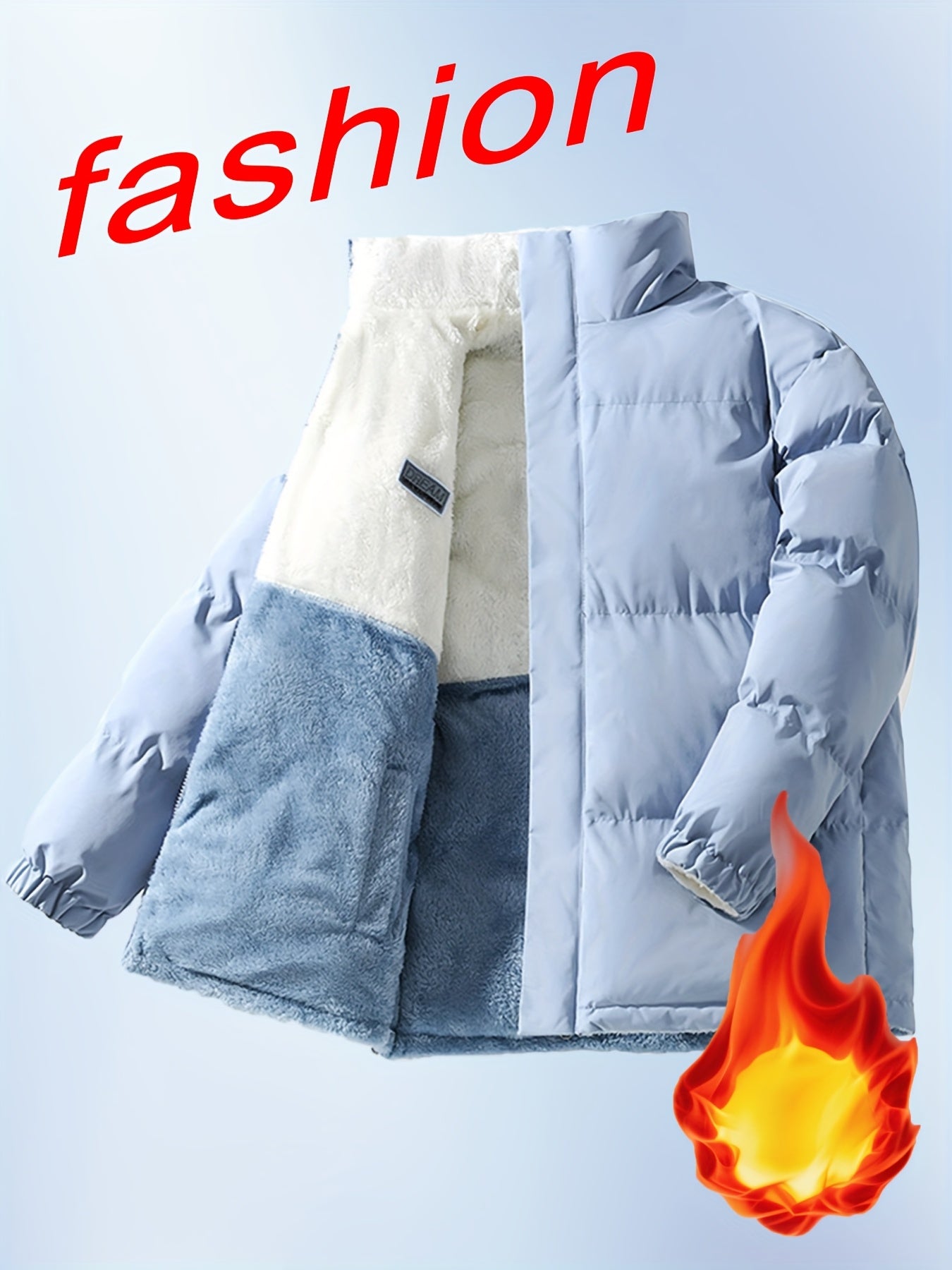 Տղամարդու երկկողմանի բրդյա ծածկույթով հաստ բաճկոն՝ առօրյա կանգնած օձիքով՝ տառերի տպագրությամբ, սովորական չափսերով, գրպաններով, պոլիեսթերային լցոնով, բազմակողմանի աշուն/ձմեռ համար, ձմեռային բաճկոն