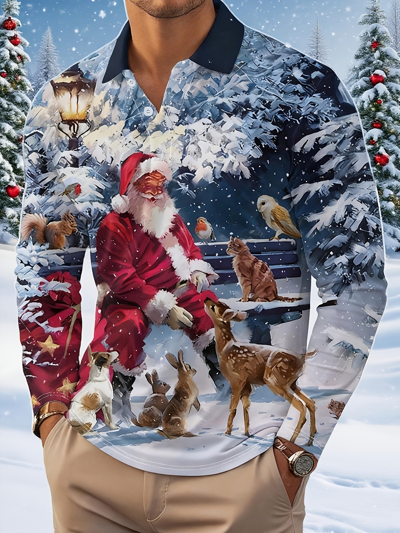 Men'S Long Sleeve Polo Shirt with 3D Santa Claus & Snowman Print - Festive Christmas Design, Button-Up Collar, Regular Fit, Perfect for All Adults & Teens, Casual Holiday Wear, Christmas Shirts, Z