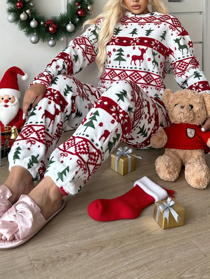 Women'S Christmas Pattern Pajama Set | Comfortable Long-Sleeve Home Wear for Fall/Winter, Crew Neck