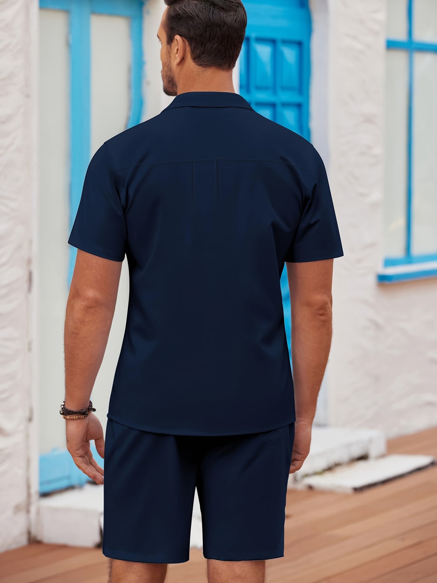 Men'S 2pcs Summer Beach Set, Cotton Linen Blend, Casual Short Sleeve Button- Shirt and Shorts, Solid Color, Lapel Collar, Non-Stretch Fabric, Regular Fit, Woven, 160g/m² - Loungewear Outfit