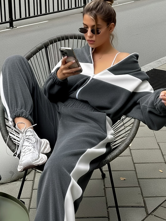 Women’s Fall/Winter Color Block Zipper Jacket and Joggers Set