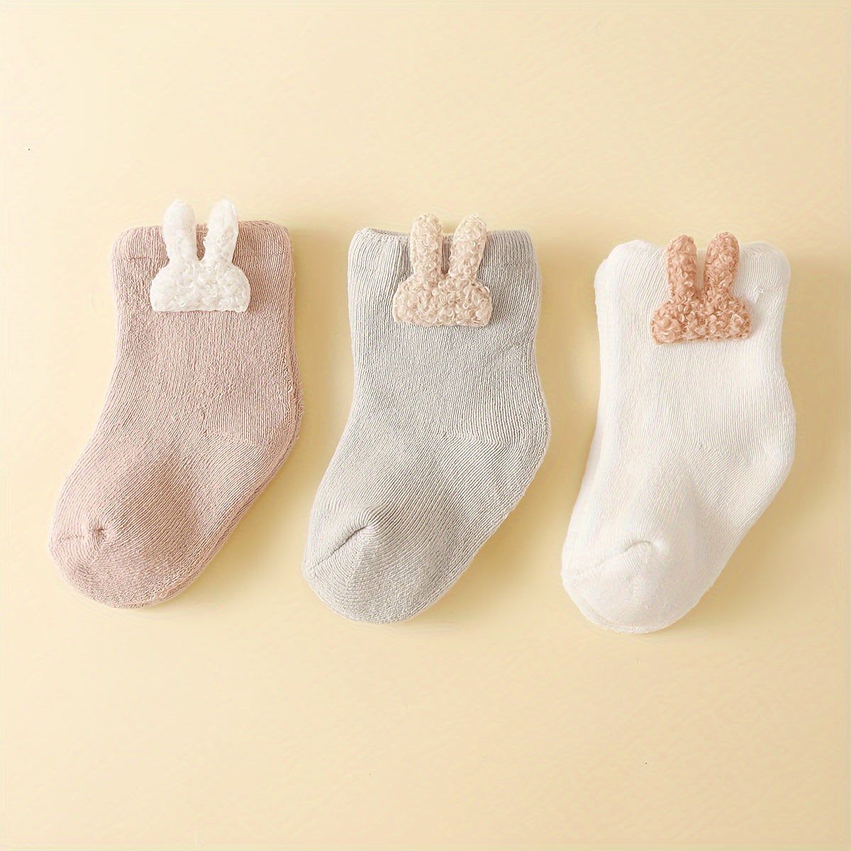 3 Pairs Cozy Terrycloth Cartoon Youngsters Socks - Thick Mid-Calf, Candy Colors (White, Pink, Light Gray), Soft & Warm for Autumn/Winter, Hand Wash Only, Youngsters Socks