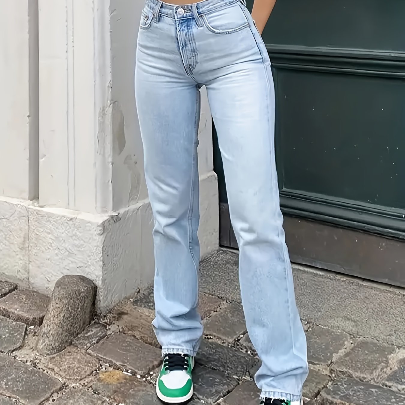 High Waist Light Washed Straight Jeans, Slash Pocket Casual Loose Fit Denim Pants, Women's Denim Jeans & Clothing