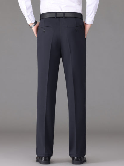 [Lightweight Design] Men's High-Waist Stretch Dress Pants - Wrinkle-Resistant, Dark Blue Business Casual with Pockets, Straight Leg Fit for Spring/Fall