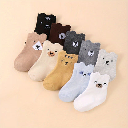 10 Pairs of Youngsters Cute Cartoon Animal Pattern Socks, Comfortable Youngsters Ankle Socks for All Seasons, 100% Polyester Knit Fabric, Machine Washable, Black/Gray/White/Brown/Beige/Yellow with Playful Bear, Bunny, and Cat