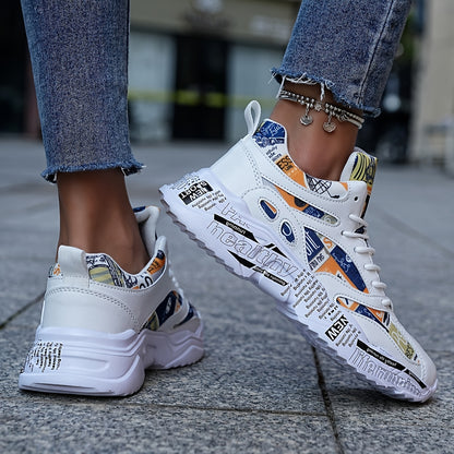 Men'S  Women'S Graffiti Couple Sneakers, All-Season Lightweight Cushioned Running Shoes, Stability Pronation, Cartoon Pattern, MD Sole, EVA Insole, Polyurethane Upper, Fabric Lining