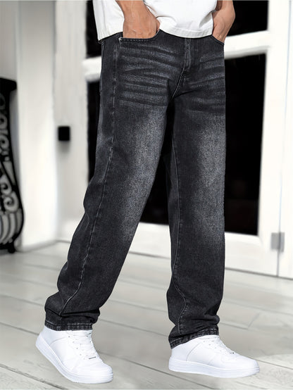 1pc Men'S Classic Solid Color Washed Denim Jeans, Non-Stretch Regular Fit Work Style, All-Season Woven Fabric, Regular Length - Adult Casual Pants