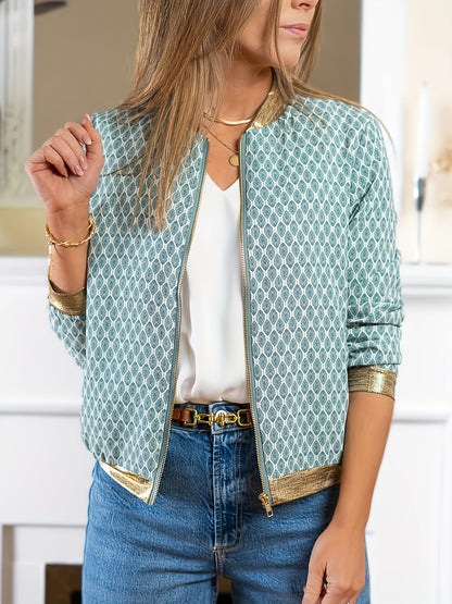 Elegant Special Women'S Fashion Plaid Golden Rimmed Long Sleeve Baseball Jacket