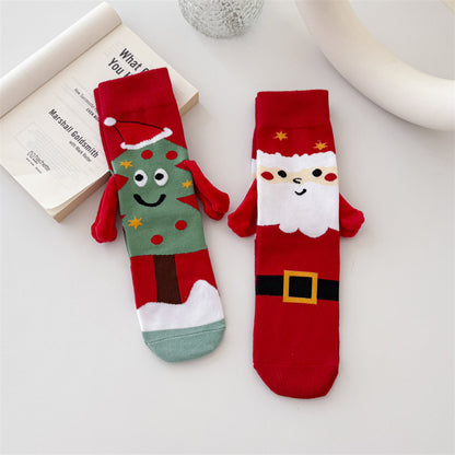 2-Pack Christmas Magnetic Holding Socks Women's Mid-Calf Socks(Tree, Santa) Winter Cute Couple Socks Unisex Meets Xmas, Halloween wear, warmth& gifting needs Magnetic, versatile Suitable for Xmas costumes, Halloween looks, wi