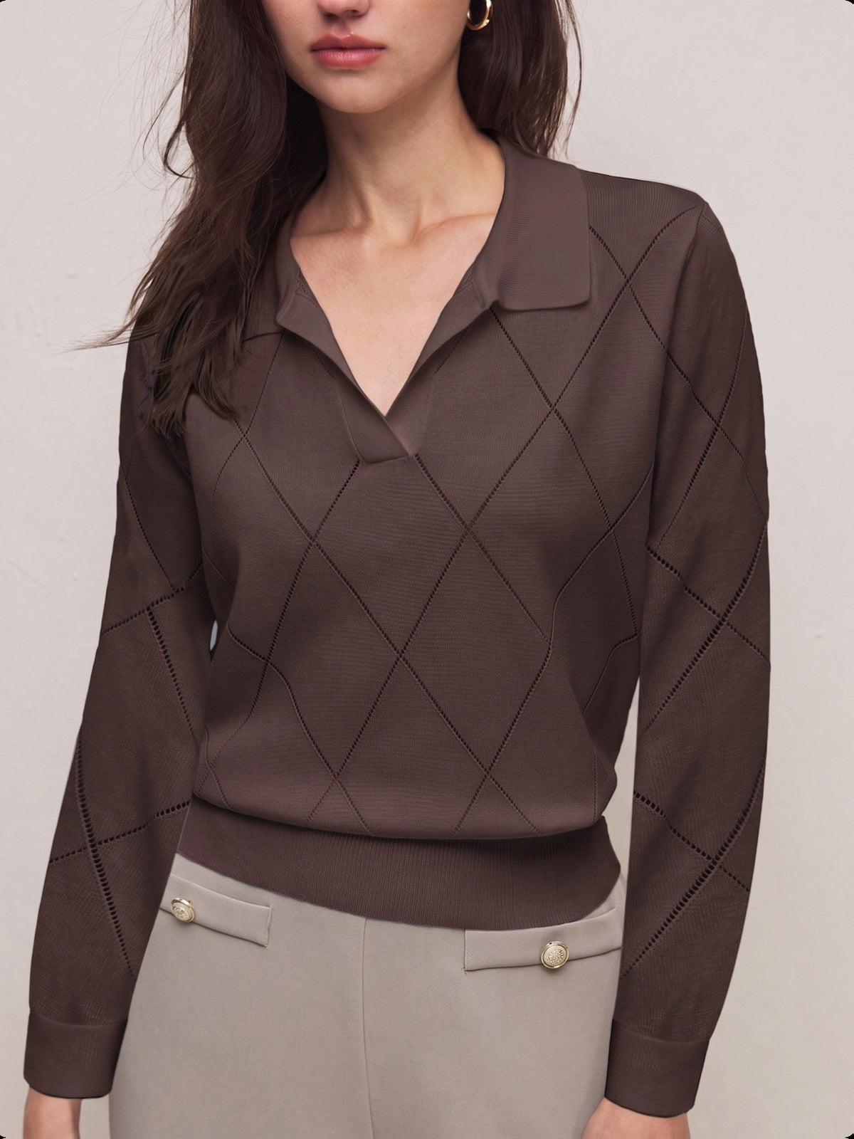 Elegant Women's Polo Neck Argyle Sweater with Loose Fit