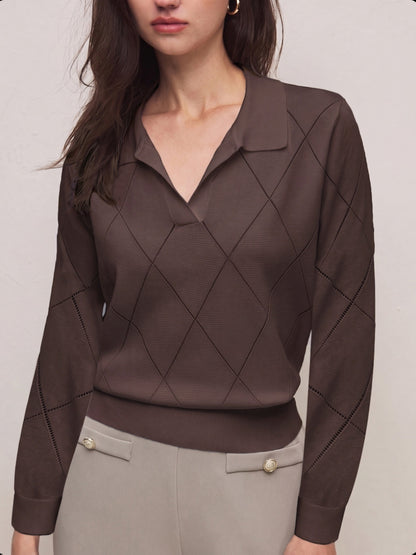 Elegant Women's Polo Neck Argyle Sweater with Loose Fit