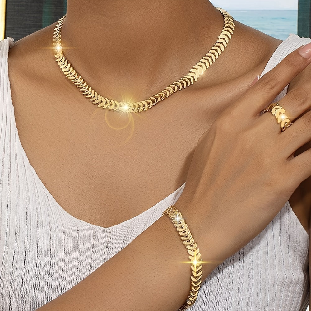 Hip-Hop Inspired Women's Jewelry Set - Necklace, Bracelet & Ring Combo for Casual Attire and Gifting, Spring Summer, 3pcs