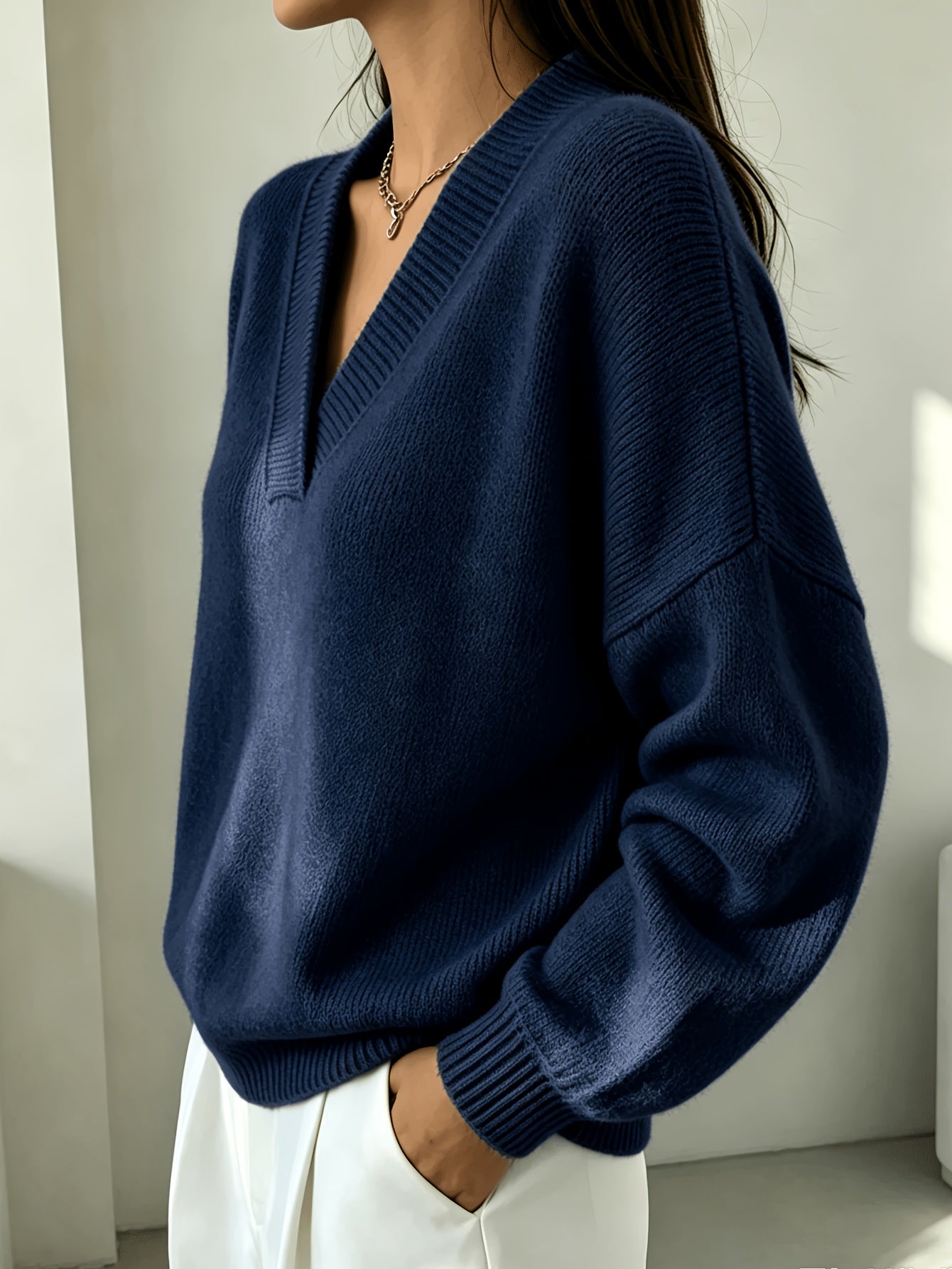 Plus Size Women's V-Neck Pullover Sweater with Double-Layer Collar