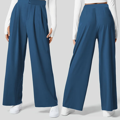 Casual Chic] Կանացի շիկ ֆրանսիական ոճի միագույն սև ծալքավոր տաբատ՝ բարձր գոտկատեղով, լայն ոտքով, պոլիեսթերով, լվացվող մեքենայում՝ կատարյալ արձակուրդի և ամենօրյա հագուստի համար, գեղեցիկ տաբատ