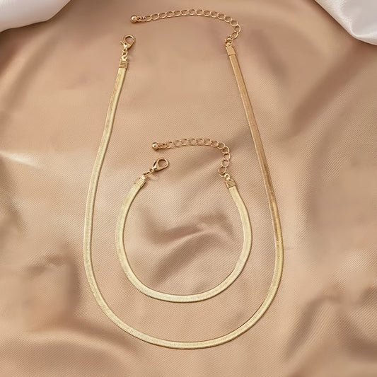 Set Of 2 Fashionable Classic Simple Flat Snake Bone Chain, Ladies' Unique Snake Bone Chain Necklace And Bracelet Set.