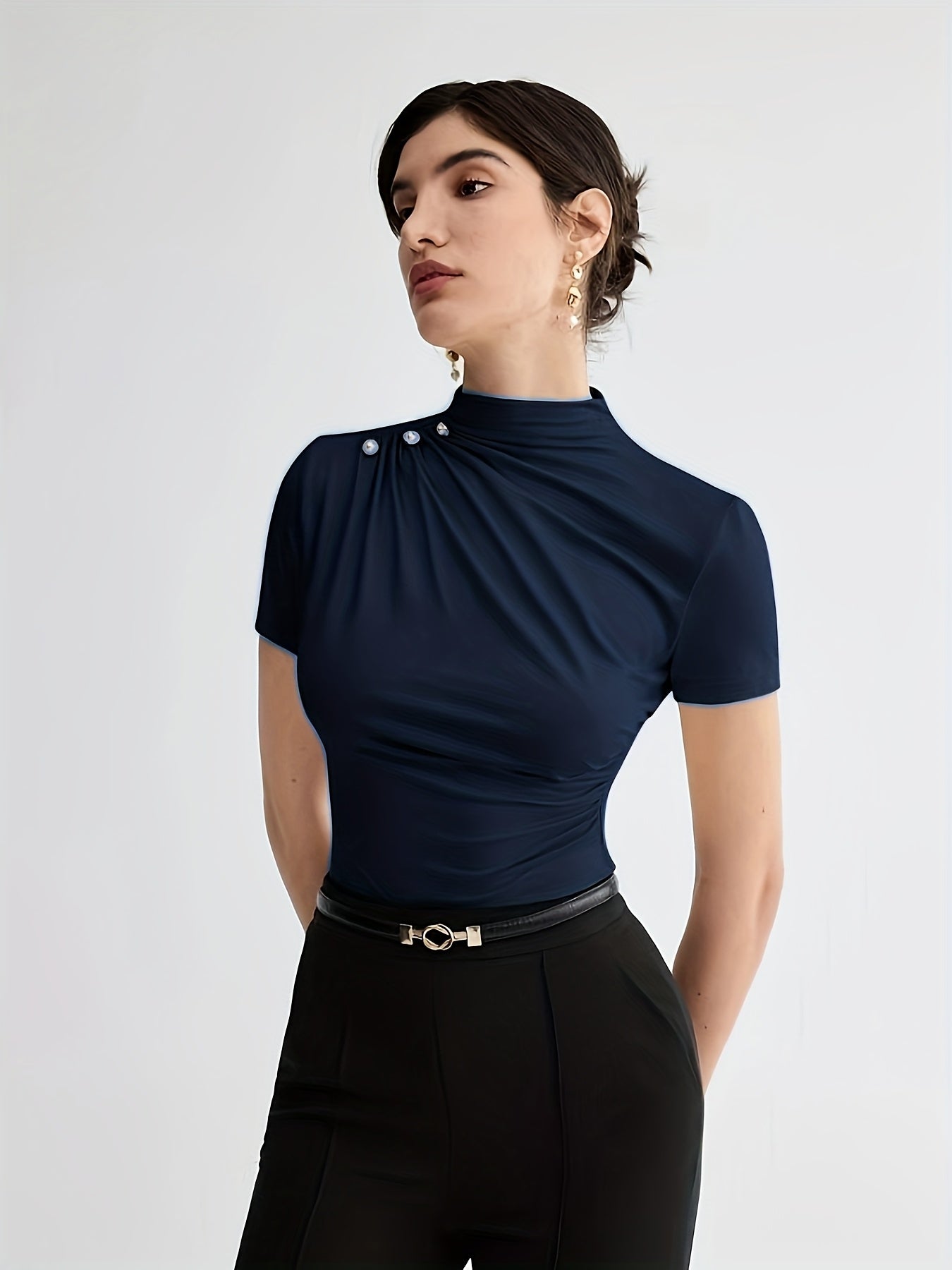 Elegant White Short Sleeve Turtleneck Top with Button Detail - Versatile Summer Blouse for Women, Casual Attire|Minimalist Style|Sleek Fit