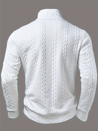 CLQWE Men's White Cable- Jacket with Collar & Brown Button Panel - Half-Zip Long Sleeve Blazer, Machine Washable Winter Coat for Casual & Formal Wear, Tailored Fit (No Belt)