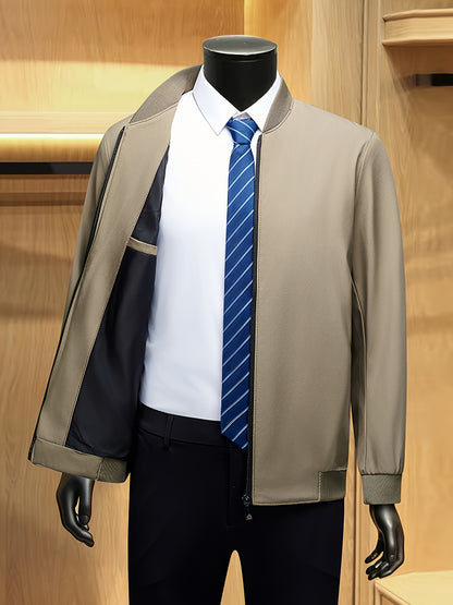 Men's Solid Burgundy (or other colors available) Slim-Fit Full-Length Zip-Up Jacket - Lightweight Business Casual Coat with Full-Length Zipper Closure, White Collar & Full-Length Zip Jacket for Office, Semi-Formal & Semi-Prof