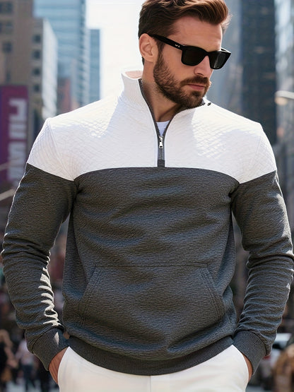 Men's Casual Half-Zip Color Block Sweatshirt with Kangaroo Pocket - ayq