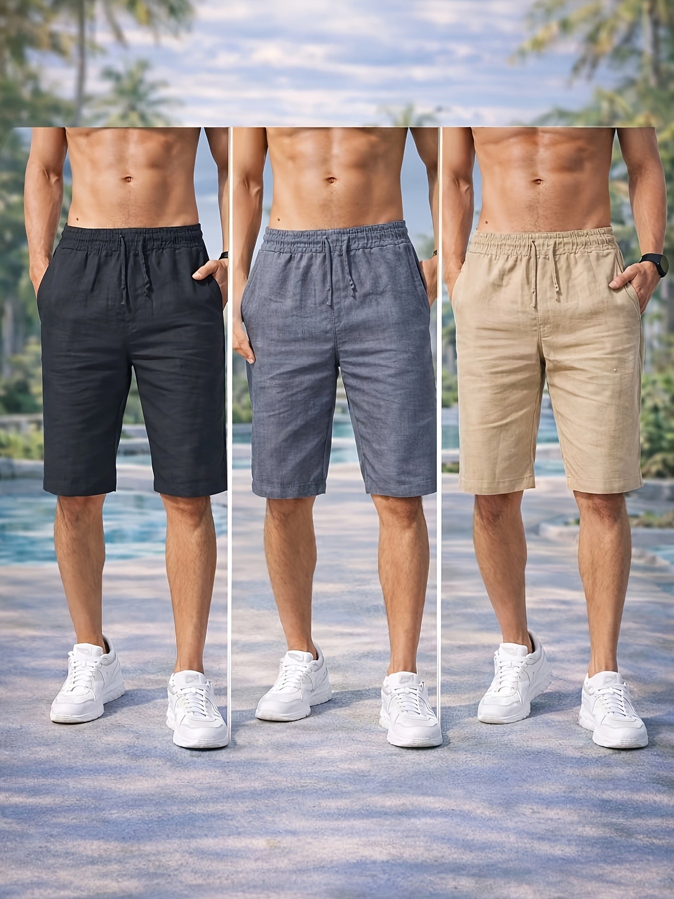 Men's Cotton Casual Beach Shorts with Drawstring Waist 3-Pack