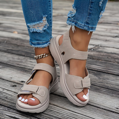 Non Slip Women's Platform Open Toe Sandals, Solid Color Ankle Buckle Strap Casual Outdoor Shoes