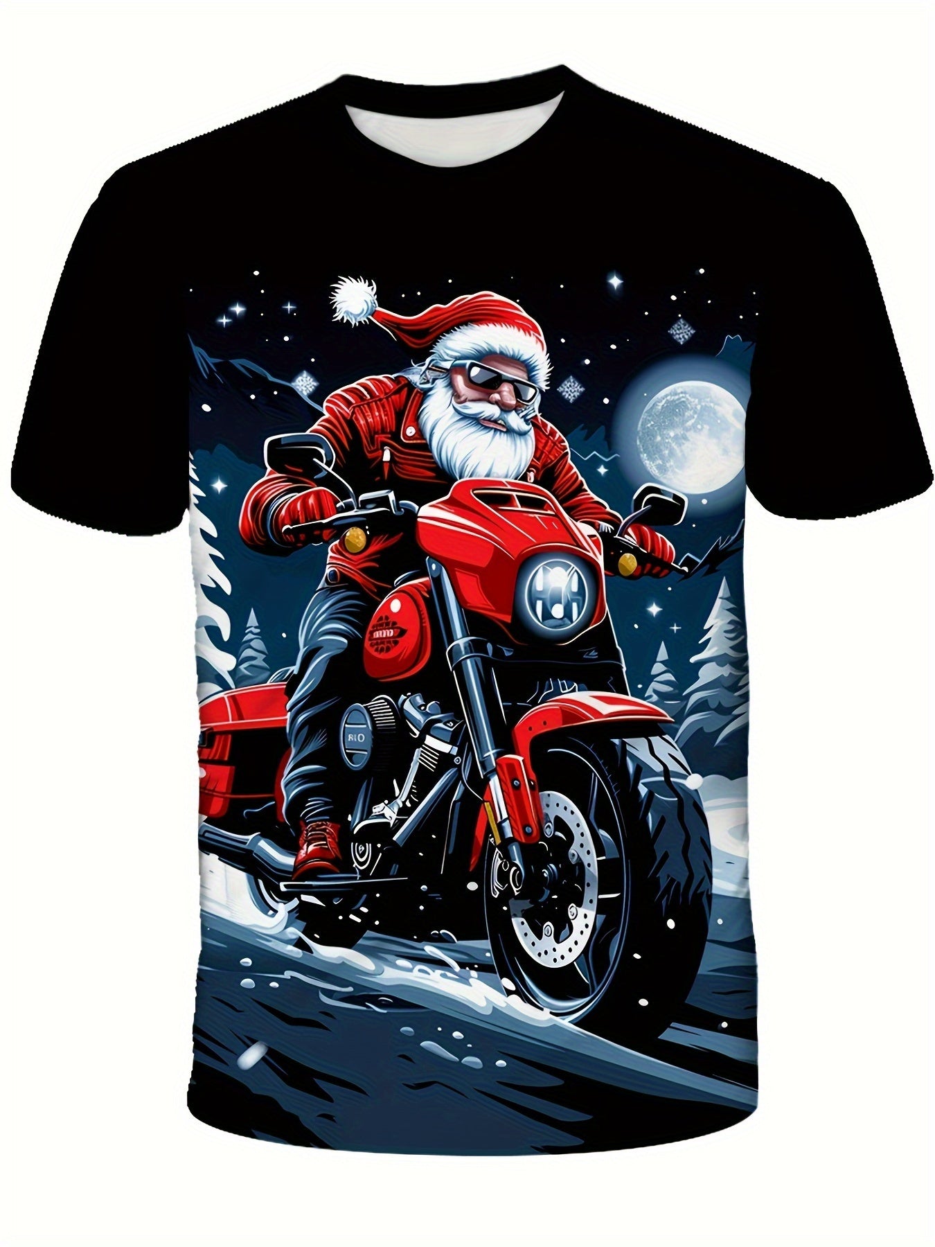 Boys' Santa Claus Motorcycle Graphic T-Shirt - 3D Print Plaid Casual Short Sleeve Tee with Snowy Night Scene, Red Motorcycle & Santa Hat, All-Season Comfort Fit for Outdoor Play & Holiday Fun, Motorcycle T Shirt, Outdoor Play