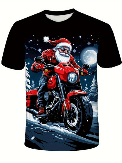 Boys' Santa Claus Motorcycle Graphic T-Shirt - 3D Print Plaid Casual Short Sleeve Tee with Snowy Night Scene, Red Motorcycle & Santa Hat, All-Season Comfort Fit for Outdoor Play & Holiday Fun, Motorcycle T Shirt, Outdoor Play
