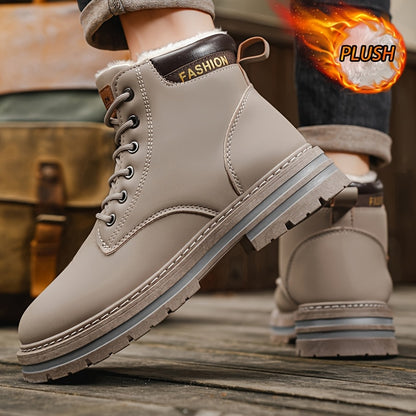 Men's Snow Sports Training Shoes for Autumn and Winter, Featuring a Plush-lined Thick Design for All-over Comfort. Soft, Light Beige-friendly, and Thickly Insulated for Warmth, Suitable for Various Winter Leisure Activities.