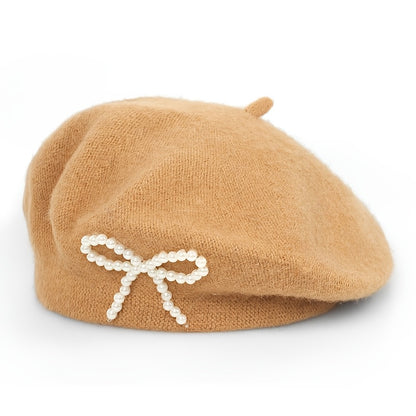1pc Women's Wool Beret with Pearl Bow - Elegant, Breathable, and Stylish in Multiple Colors (Black, Brown, Gray, Beige, Purple, Pink) for Casual Attire