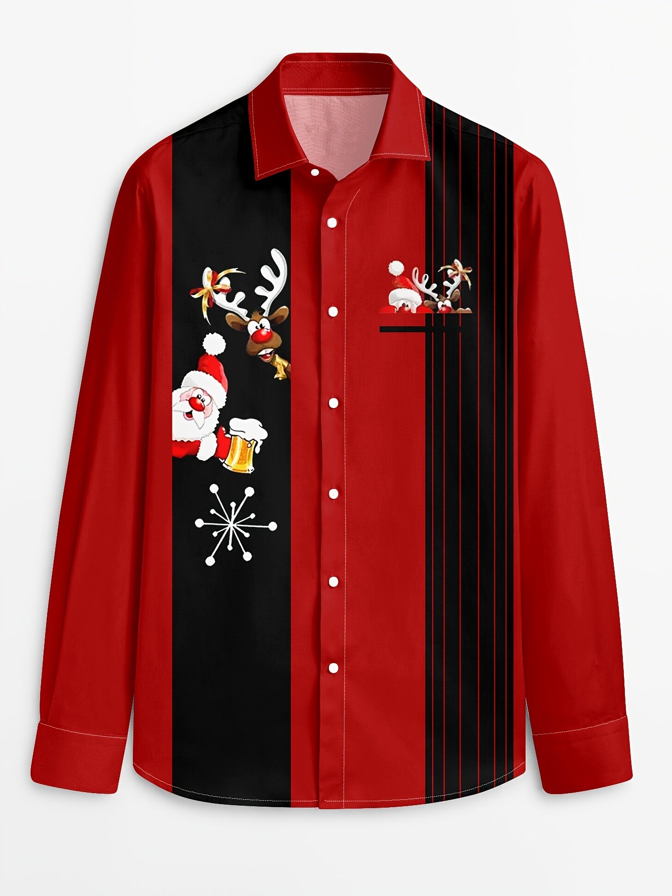 Men'S Christmas Long Sleeve Shirt - Red & Holiday Party Shirt with Santa Claus, Reindeer & Snowflakes, Button-Up Collar, Non-Stretch Fabric for Christmas, Halloween, New Year