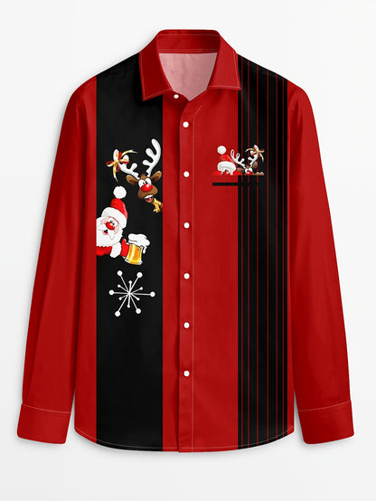 Men'S Christmas Long Sleeve Shirt - Red & Holiday Party Shirt with Santa Claus, Reindeer & Snowflakes, Button-Up Collar, Non-Stretch Fabric for Christmas, Halloween, New Year