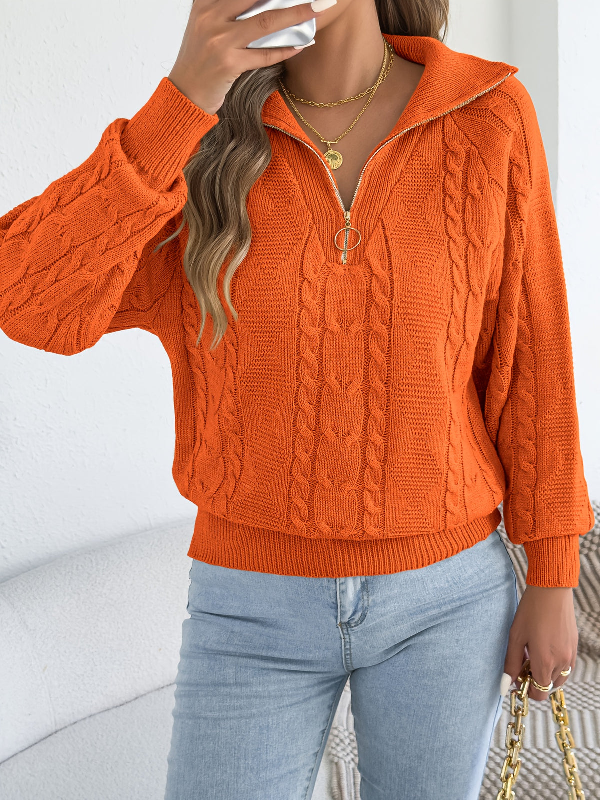 Women's Fall Winter Pullover Sweater with Zipper Lapel