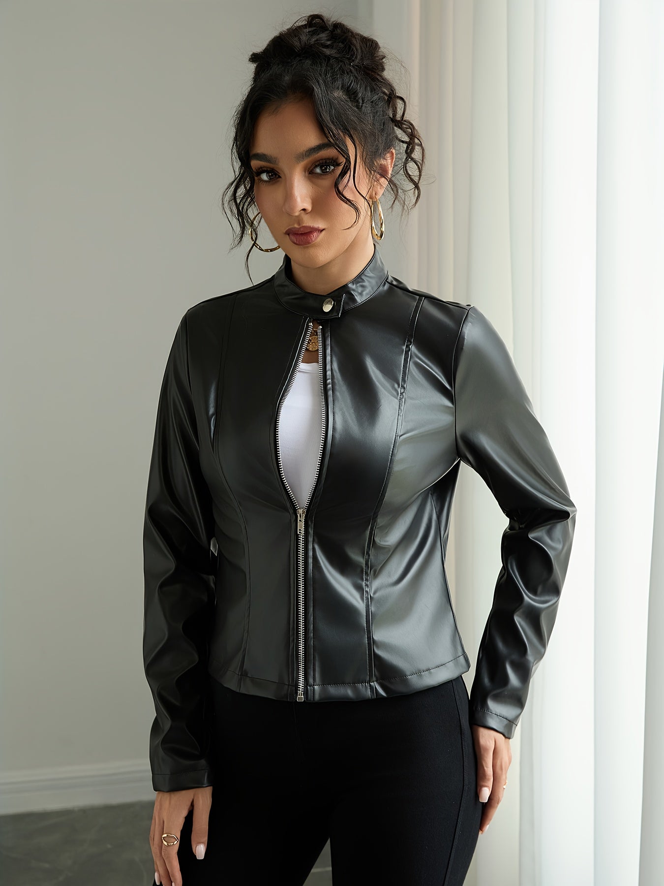 Women's Elegant PUPU Leather Jacket - Full-Zip Long Sleeve Motorcycle Coat with Stand Collar, -Tone Hardware & Smooth Leather Texture, Spring/Fall Outerwear for Casual & Formal Outfits (//Tan) - Non-Stretch Durable Leather, Z