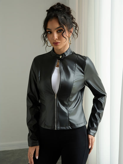 Women's Elegant PUPU Leather Jacket - Full-Zip Long Sleeve Motorcycle Coat with Stand Collar, -Tone Hardware & Smooth Leather Texture, Spring/Fall Outerwear for Casual & Formal Outfits (//Tan) - Non-Stretch Durable Leather, Z