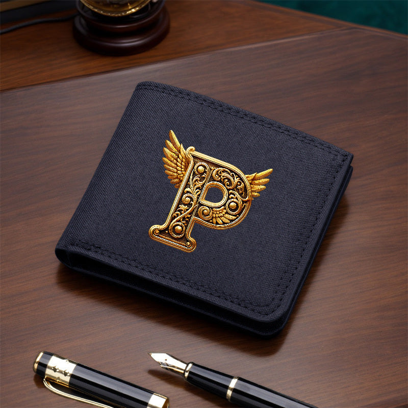 1pc Men's Short Canvas Initial Name Wallet, Zippered Denim Wallet for Men, Plain Ultra-Thin Letter Wallet for Men