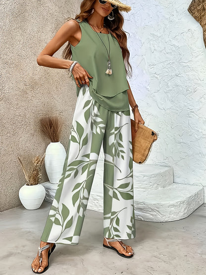 Elegant Sleeveless Cardigan and Floral Pants Set for Spring