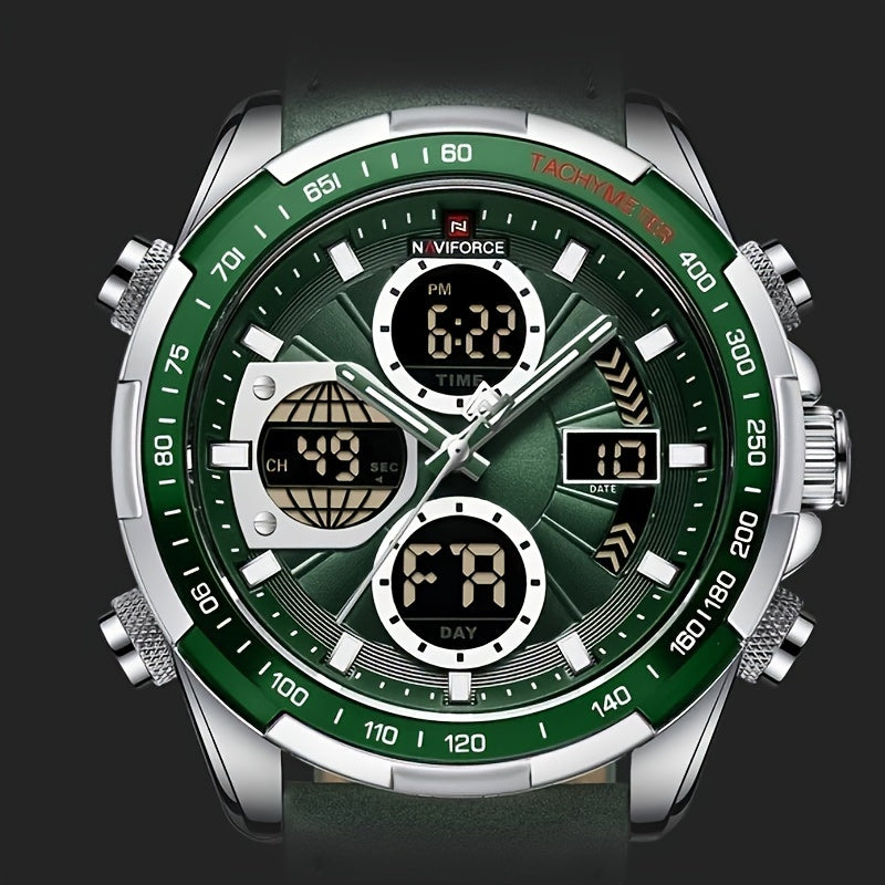 NAVIFORCE Men's Luxury Sports Quartz Watch - Waterproof, Genuine Leather Strap, Dual Display with Date & Chronograph Functions, Case, Green Accents, Luxury Timepiece|Tachymeter Equipped|Genuine Leather Band Valentine's Day