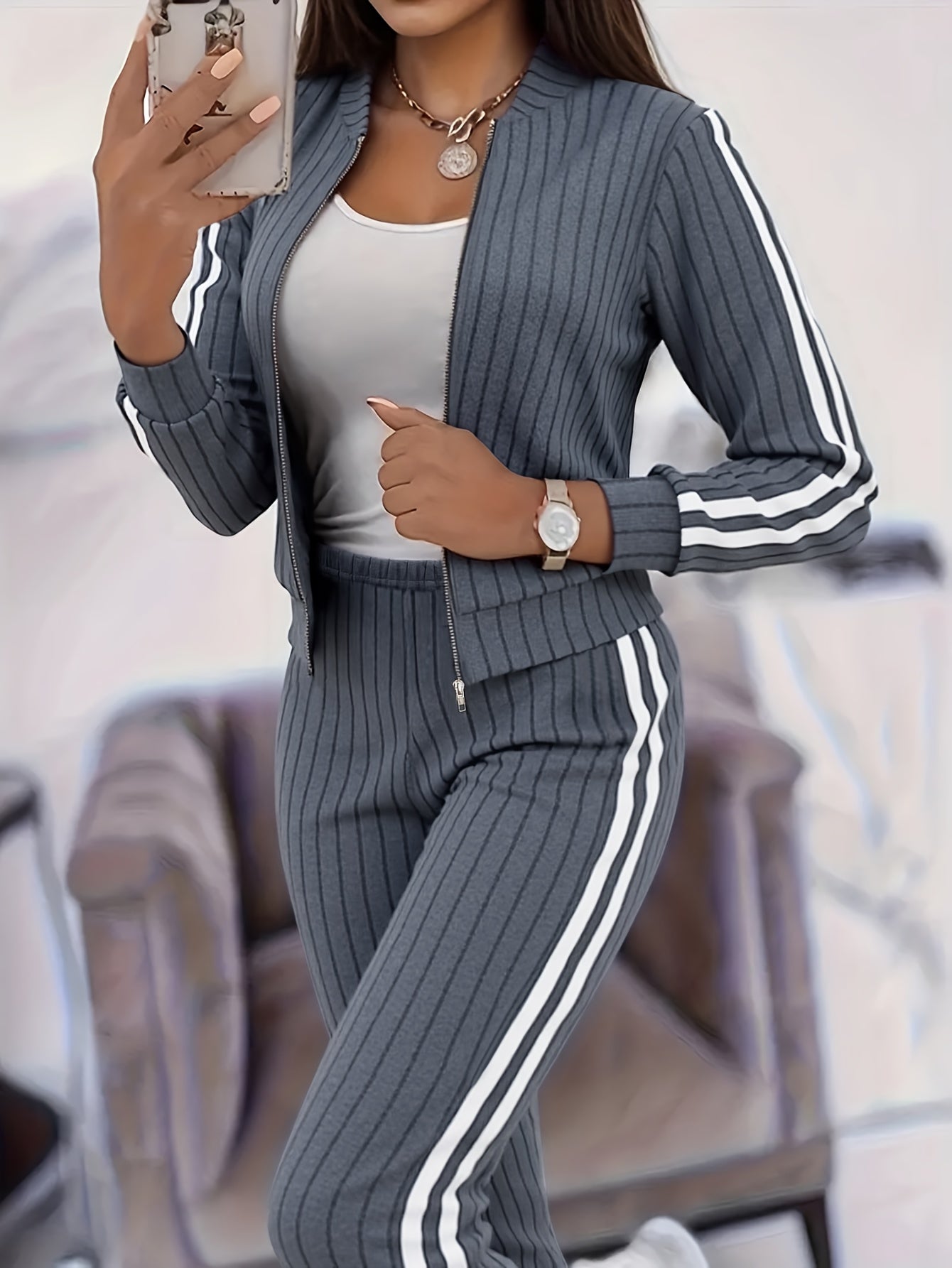 Women'S Stylish Casual Zip-Up Round Neck Ribbed Cardigan with Loose Straight Pants, a Two-Piece Casual Outfit - ayq