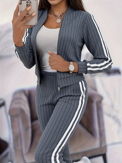 Women'S Stylish Casual Zip-Up Round Neck Ribbed Cardigan with Loose Straight Pants, a Two-Piece Casual Outfit - ayq