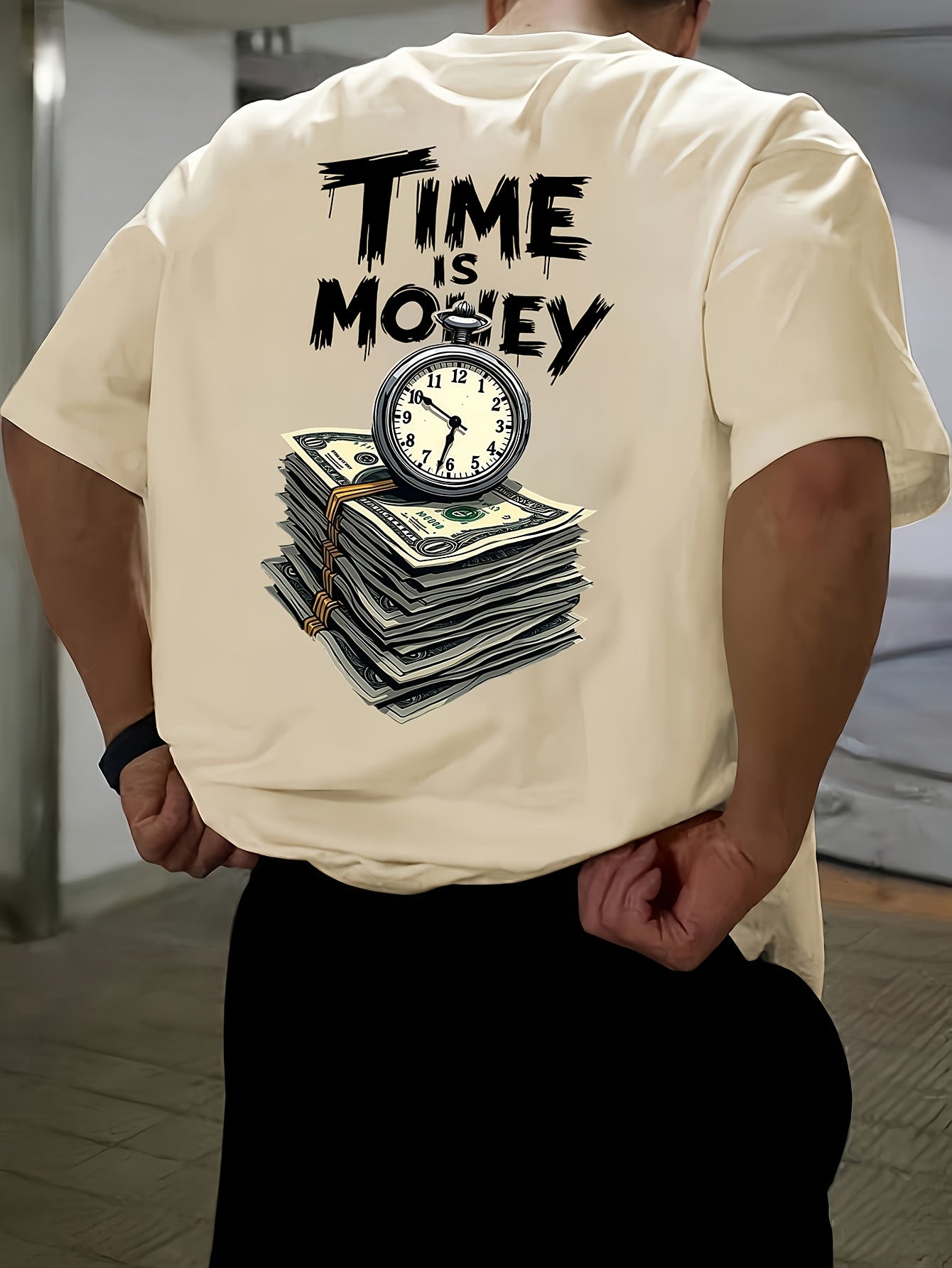 Men'S Casual Short Sleeve T-Shirt with "Time is Money" Clock  Stack of Cash Graphic - Lightweight Polyester, Loose Fit, Round Neck, Perfect for Spring  Summer Outdoor Wear, Relaxed Fit Shirt   Bold Graphic Tee   Glossy Text