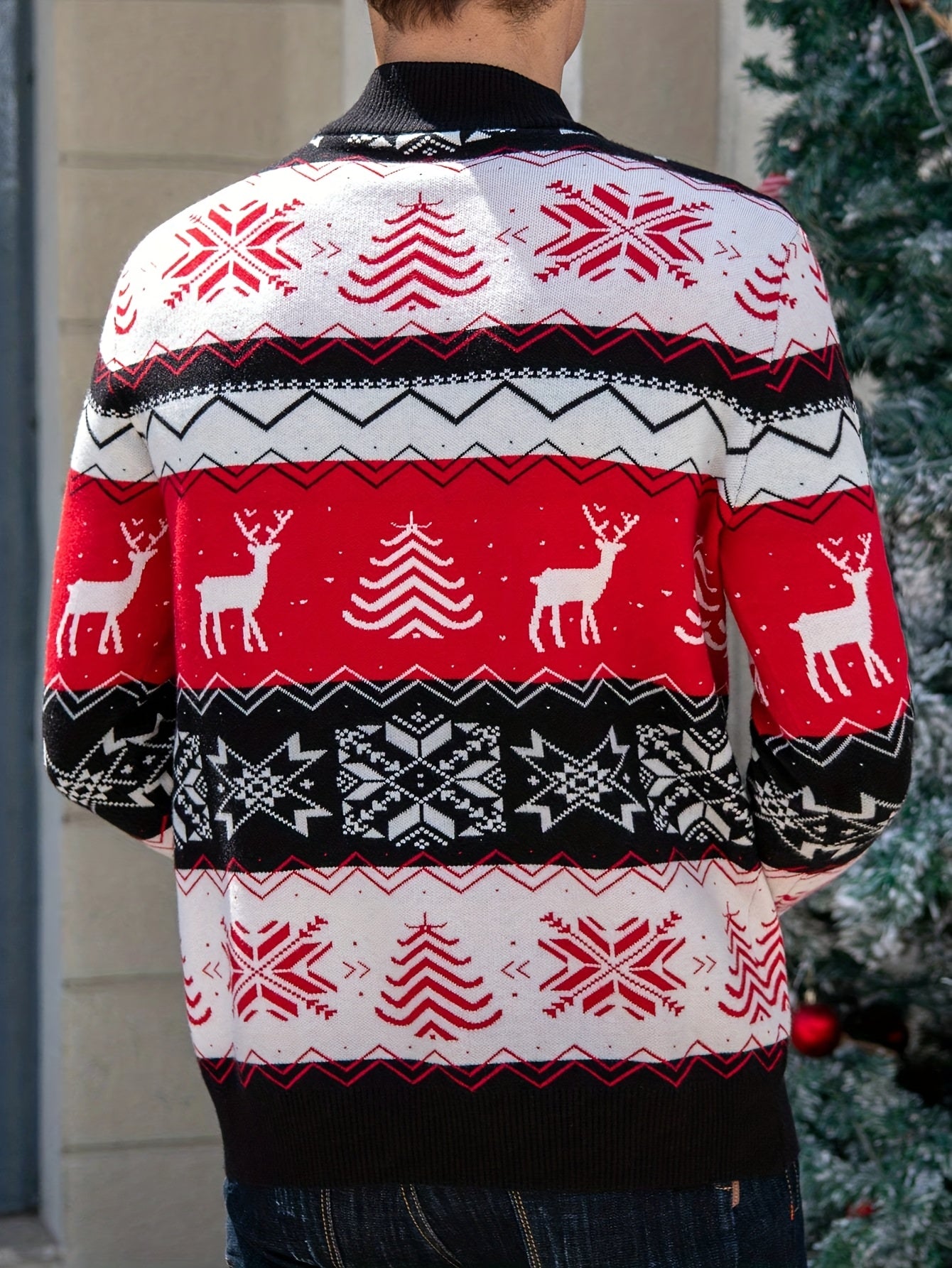 Men's Winter Weight Slim-Fit Zippered Sweater Jacket - Black/White/Red/Green Reindeer & Snowflake Pattern Collar, Machine Washable Half-Zip Coat for Christmas Parties, Casual & Formal Events ( Collar)