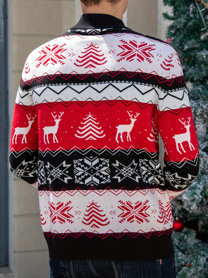 Men's Winter Weight Slim-Fit Zippered Sweater Jacket - Black/White/Red/Green Reindeer & Snowflake Pattern Collar, Machine Washable Half-Zip Coat for Christmas Parties, Casual & Formal Events ( Collar)